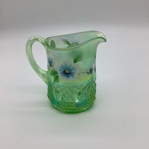 Fenton Pansy Morning on apple green pitcher. Hand-painted.